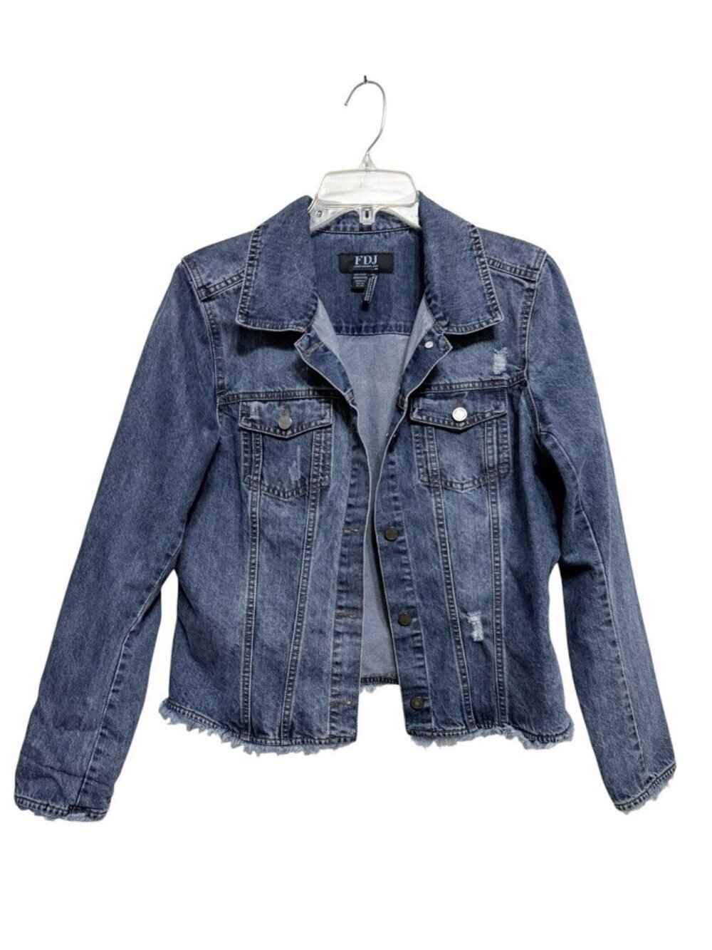 FDJ French Dressing Jeans Denim Jacket Size Large Distressed Raw Hems Festival